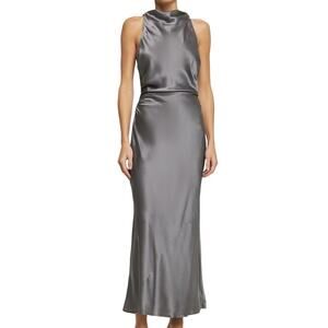 Reformation Casette Shale Gray Silk Dress 8 NEW Cowl Neck Satin Formal Midi